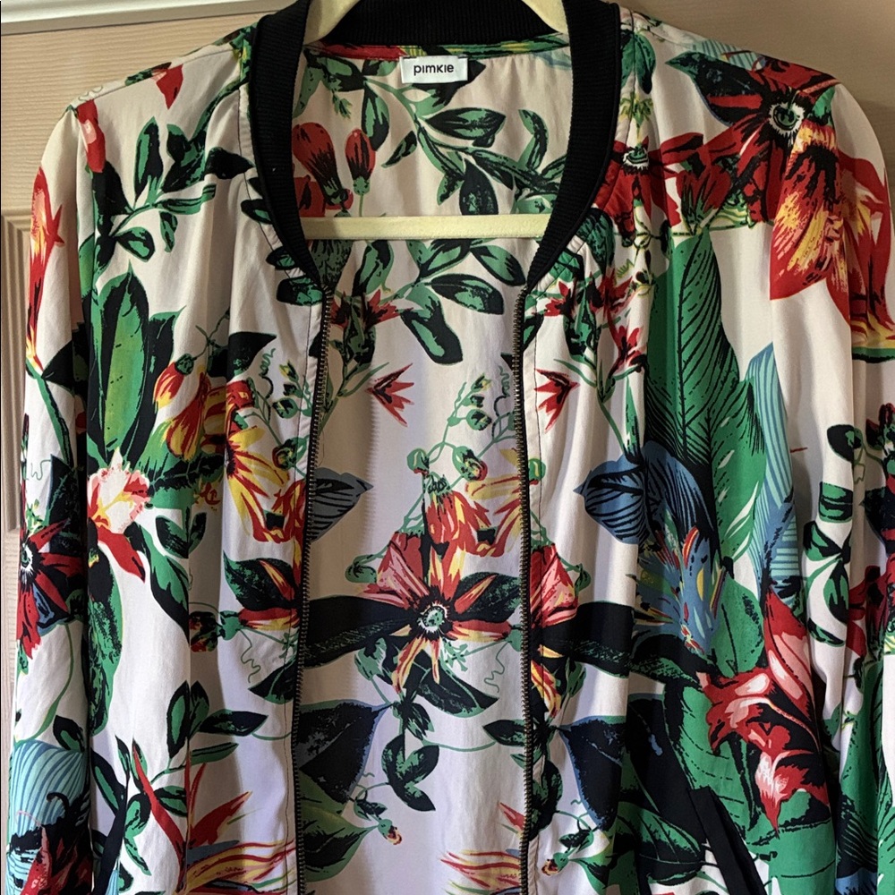 Pimkie Floral Bomber Jacket - White with Green & Red Floral Print
